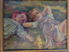 BAMBINE IN SIESTA OLIO SU TELA, CORNICE D'EPOCA , MIS. 30X25 FINE 800 INIZI 900