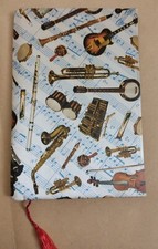 Coprilibro vintage in seta pura fantasia :strumenti musicali cm 20 x 14