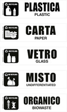 5 Adesivi per Raccolta Differenziata, Mis. 15X4 Cm, Etichette Rifiuti Riciclo, T