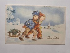 Cartolina Buon Natale 1957 bambini con slitta, Firenze, 2 francobolli 6 lire