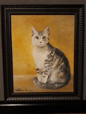 Quadro dipinto a olio stile Antico Henriette Ronner  25x20 "Gatto Tigrato"