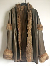 Vtg YVES SALOMON (?) Olive Nappa Leather and Fur Long Jacket S