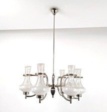 Lampadario vintage'50 metallo nichel 6 luci diffusori vetro Murano pulegoso-52G