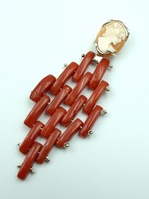 Antico Ciondolo Cameo Vero Corallo Sardegna Rosso  Argento 925 Rodiato Art Deco 