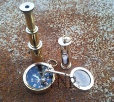 LOTTO di 50 pezzi ogni mini timer sabbia, lente di ingrandimento, bussola, telescopio, chiave FINITURA OTTONE