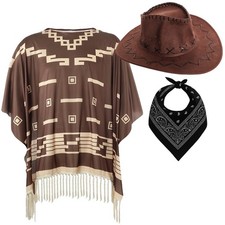Costume Poncho Western Adulti Cowboy Cappello Marrone Film Abito Fantasia Stile Eastwood