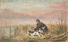 QUADRO ,DIPINTO ,CACCIATORE CON CANE ,OLIO SU TELA ,'900