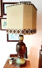 Lampada da tavolo antica  in legno tessuto dipinto a mano da restaurare