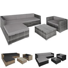 Set di Tavolo Sedie Polyrattan 4x Poltrone Pouf Tavolo Cuscini Giardino Esterno