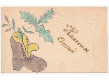 Primi '900 antica cartolina stivale di Babbo Natale ramo agrifoglio e vischio