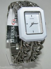 Nuovo Guess Color Argento Collegamento Catena Bracciale + Bianco Circondato Dial