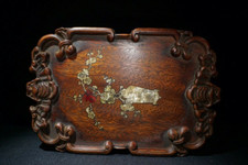 Tampone inchiostro calligrafico intagliato palissandro 10,2" fiore conchiglia intarsiato decorazione tavola