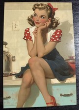 Bancone cucina ragazza retrò rosso bianco blu cartolina effimera 5093