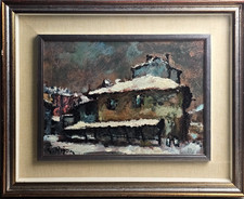 Giuseppe Rigon (1929) Lavanderie Milano Olio su Lastra Metalllca con Certificato