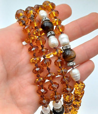 CRISTALLO DI VETRO AMBRATO , PERLE 'ACQUA DOLCE E PIETRA -  COLLANA LUNGA
