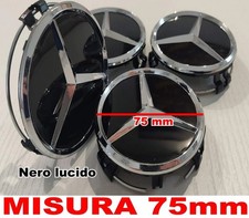 4 COPRIMOZZO MERCEDES AMG CLASSE A B C CLS CLA TAPPI RUOTA CAPS 75mm NERO LUCIDO