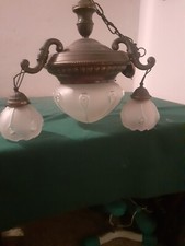 LAMPADARIO LIBERTY ANNO 1911 ITALIA  A SOFFITTO IN FERRO E VETRO LAVORATO 