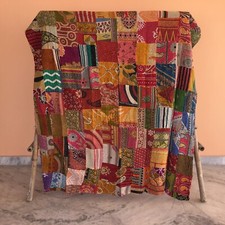 Copriletto trapuntato vintage patchwork matrimoniale cotone Kantha coperta Gu...