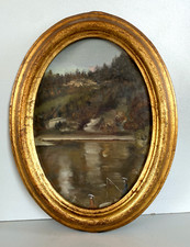 ANTICO DIPINTO OLIO CARTONE PAESAGGIO LACUSTRE SCENA CONVIVIALE DAME PESCA '900