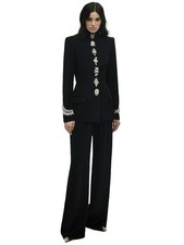 Blazer tuta donna nero perline bottoni cristallo set giacca e pantaloni gamba larga elegante