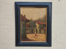 ANTICO QUADRO DIPINTO MATERICO OLIO SU TAVOLA PESAGGIO RURALE CORNICE GUILLOCHET