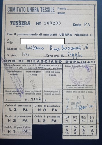 Tessera comitato unrra tessile - comitato,
