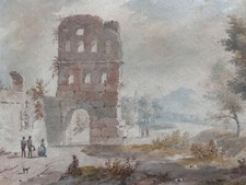 Antico Disegno Paesaggio Animata Rovine Italia Grande Tour Roma Napoli Firmato'