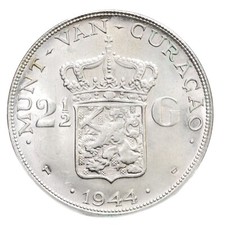 CURACAO Netherlands Antilles 2-1/2 Gulden 1944-D  Argento Silver