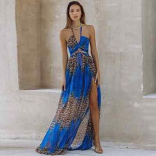 Abito vestito donna maxi lungo blu scollato animalier boho bohemian spacco D101