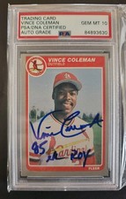 Vince Coleman FIRMATO RC PSA AUTO 10, 1985 Fleer #U28 (con 1985 NL ROY) SPEDIZIONE GRATUITA!