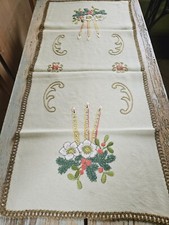Elegante Runner Natale Candele Vischio Ricamato A Mano Tovaglia  82x36 cm.
