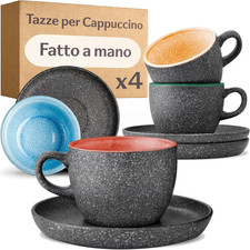 Set Di 4 Tazze per Cappuccino in Ceramica Con Piattini - 200Ml - Gres Spesso Con