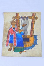 Dipinto a mano copto etiope su cuoio re Davide che suona l'arpa