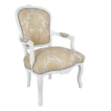 Poltrona con braccioli in legno laccato bianco tessuto damascato oro barocco