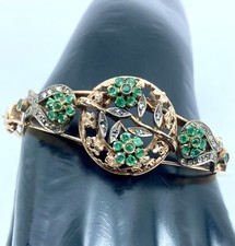 BRACCIALE RIGIDO DONNA IN ORO 14 KT E ARGENTO DECORO FIORI SMERALDI E DIAMANTI