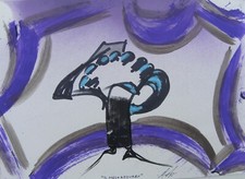 Sergio DANGELO (Milano 1932) IL MELO AZZURRO dipinto SURREALISTA cm 21x30