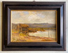 ANTICO DIPINTO OLIO Aurelio Roberti PAESAGGIO FLUVIALE BARCA PESCATORE GUILLOCHE