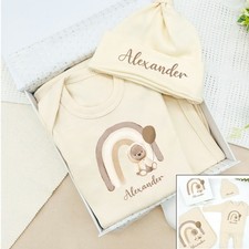 Set regalo cesto opzionale abbigliamento bambino beige orsetto arcobaleno panna personalizzato