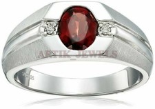 Naturale Granato Gemma Con 14K Placcato Oro Bianco Anello Argento per Uomo AJ807