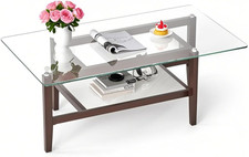 Tavolino Salotto, in Legno Massello E Vetro Temperato, a 2 Ripiani, Tavolino Da 