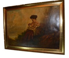elegante dipinto olio su tela " maternità " epoca primi '900 francese