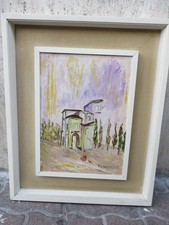 vecchio quadro dipinto PAESE CON CASE ARCO ALBERI astratto pittore G RUOCCO 1973