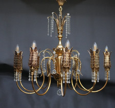 Lampadario Christoph Palme foglia di palma dorata Hollywood Regency cristallo - tedesco 1970