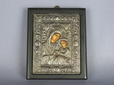 PICCOLA ICONA SACRA FIGURA BIZANTINA CON VOLTI DIPINTI E ARGENTO 925