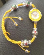 Orologio BOER giallo farfalla perline tono argento corda regolabile bracciale FUNZIONANTE