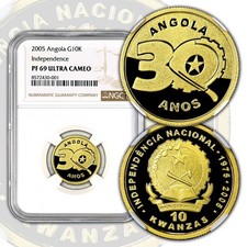 ANGOLA 2005 Oro 10 KWANZAS 30° Indipendenza NGC PF 69 ULTRA CAMEO Top Pop RARO