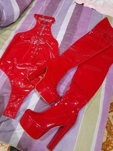 Thigh boots red latex - red, body