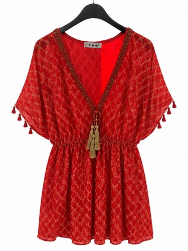 Women red boho mini dress - red,