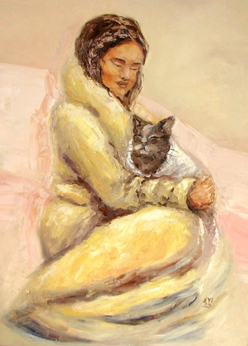 Quadro olio ragazza con - , gatto