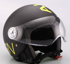 CASCO AL DESIGN DEMI JET CON VISIERA ELICOTTERISTA NERO GIALLO OPACO